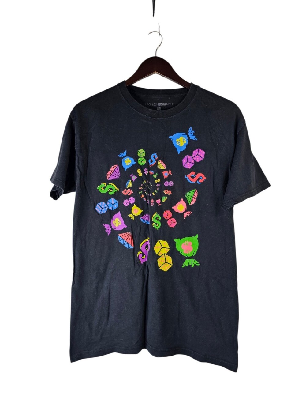 Fashion Nova Men Medium Black Money Dice Diamond Graphic T-Shirt Streetwear